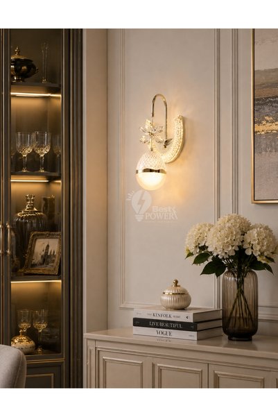 Moonlight Lighting ابليك جداري مودرن فاخر بتصميم ذهبي وزخارف كريستالية وزهرة ...