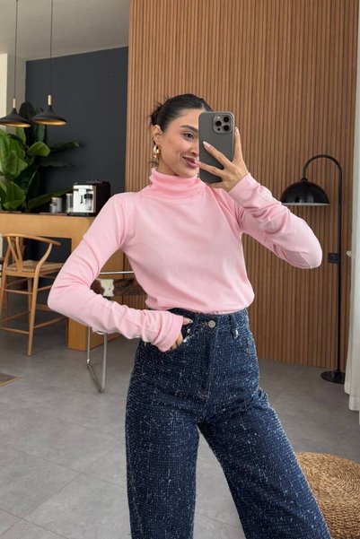 AFA Pamuklu Boğazlı Body - Pembe Ince Triko