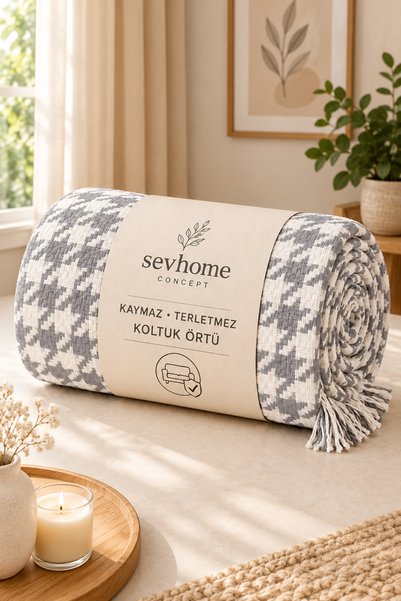 SEVHOME CONCEPT Kaymaz Koltuk Örtüsü %100 Pamuk Terletmez,Kaz Ayağı Desen 170...