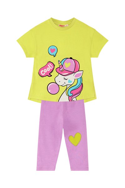 Denokids Cool Unicorn Kız Çocuk Yazlık T-shirt Lila Tayt Takım