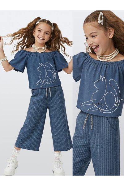 Denokids Girls' Set Denim Look Blouse Trousers Woven Summer 4-10 Years
