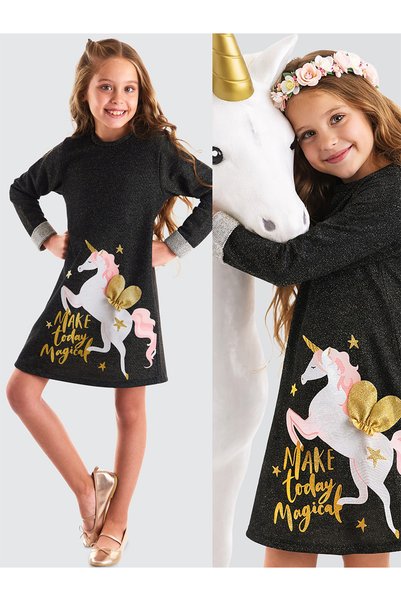 MSHB&G Rochie neagră cu model de unicorn, cu mâneci lungi, pentru iarnă, vârs...