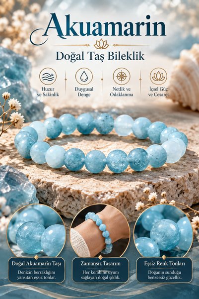 NBS Beautiful Naturel Stones Akuamarin Unisex Doğal Taş Bileklik 8 mm Kalitel...