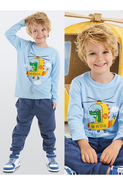 Denokids Helikopter Erkek Çocuk Uzun Kollu T-shirt Pantolon Takım