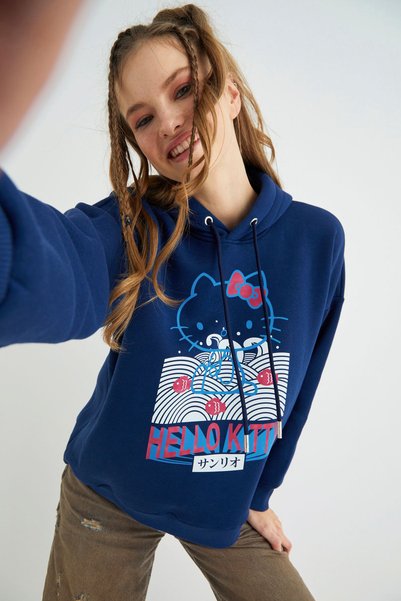 Hello Kitty Lisanslı Baskılı Kapüşonlu Lacivert Sweatshirt