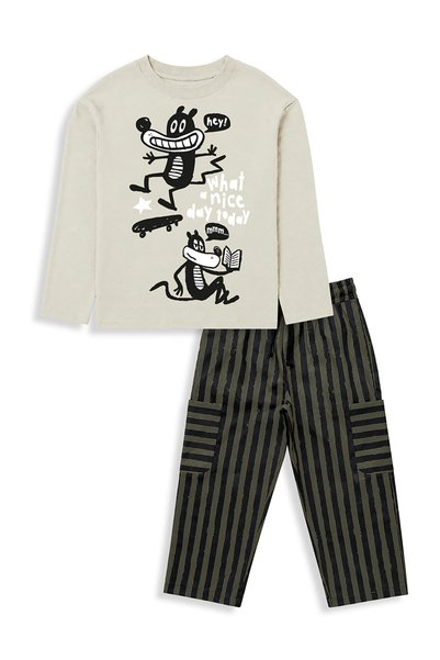 Denokids Erkek Çocuk Takım Oversize Tişört - Çizgili Dokuma Gabardin Pantolon (5-10 Yaş)