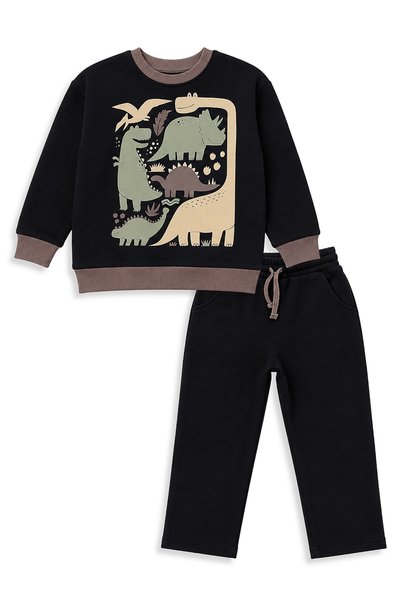 Denokids Erkek Çocuk Eşofman Takım %100 Pamuk Dinozor Baskılı Kışlık (2-8 Yaş)