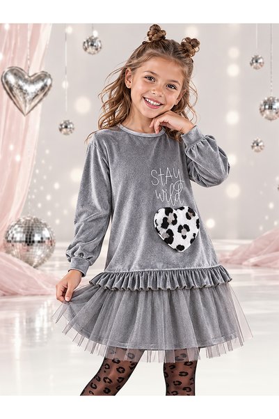 Denokids Kız Çocuk Kışlık Leopar Desenli Kadife Gri Uzun Kollu Fırfırlı Elbis...