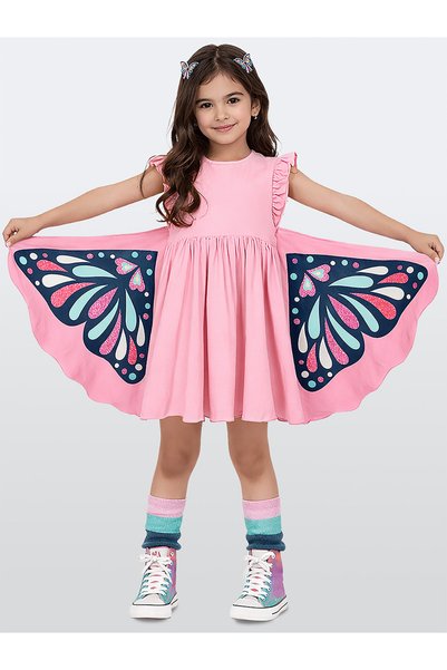 Denokids Kız Çocuk Elbise Pamuk Penye Pembe Kelebek Elbise İlkbahar Yaz Sezon...