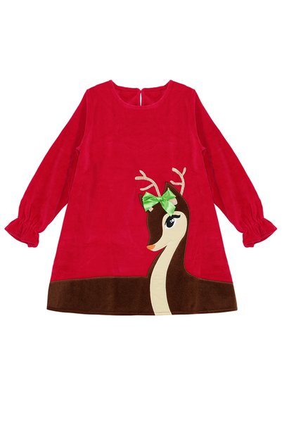 Denokids Kız Çocuk Kadife Yılbaşı Kostüm Elbisesi Kurdeleli Geyik Desenli