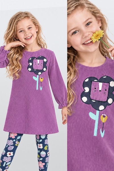 Denokids Rochie de iarnă pentru fete, cu model floral, din catifea liliac, cu...