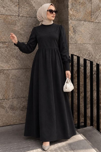 Neva Style Robalı Antrasit Tesettür Kot Elbise 19142ANT