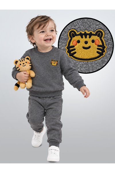 Denokids Cat Baby Boy Dark Gray Tracksuit Set