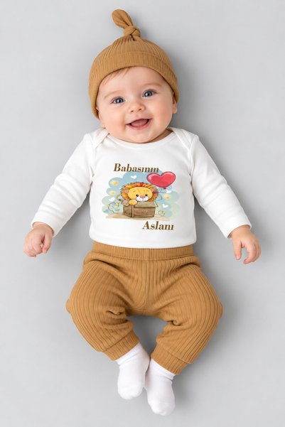 BABYDEN'S Father's Lion Printed 3-Piece Baby Set, Cotton Ribbed Fabric Hat, B...