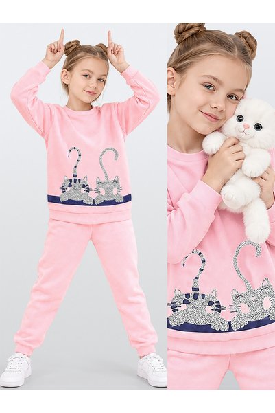 Denokids Kız Çocuk Kışlık Kedi ve Çizgili Desenli Pembe Uzun Kollu 2 Parça Eş...