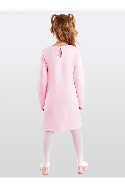 Denokids Kız Çocuk Kışlık Kedi Desenli Pembe Uzun Kollu Elbise 2-8 Yaş
