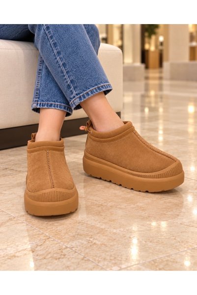 YNS STORE YNS Boğazı Lastikli İçi Tüylü Ayakkabı Taba