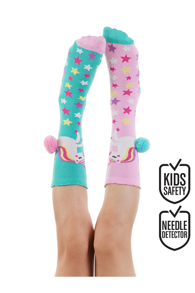 Denokids Момичешки памучни розово-зелени чорапи до коляното с еднорози и звез...