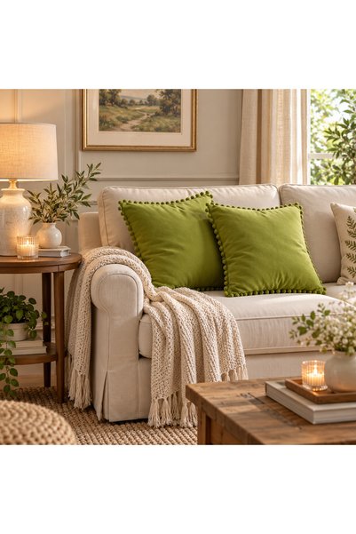 Bc Home Set of 2 Soft-Textured Cushion Covers in Olive Green with Tiny Pom-Po...