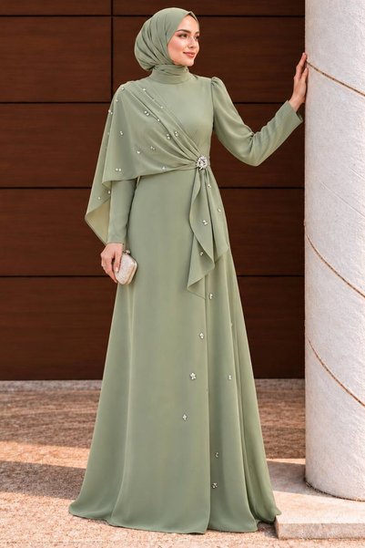 N.S NEVA STYLE Mint Hijab Evening Dress with Cape Detail 56101Mint
