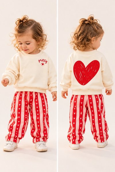dinamik çocuk Baby Girl Pretty Heart Printed Sweatshirt and Striped Heart Pat...