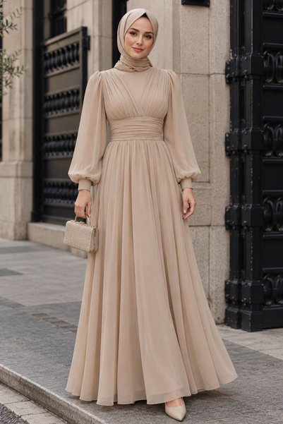 N.S NEVA STYLE Drapeli Bej Tesettür Abiye Elbise 46321BEJ
