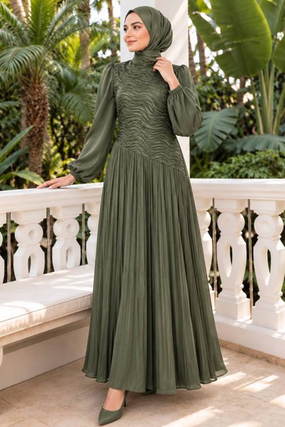 N.S NEVA STYLE Wave Pattern Gathered Khaki Hijab Evening Dress 5538Hk