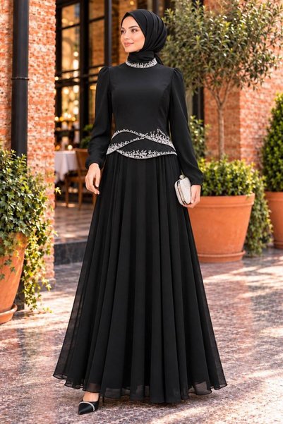 N.S NEVA STYLE Black Hijab Evening Dress with Bead Detail 55991S