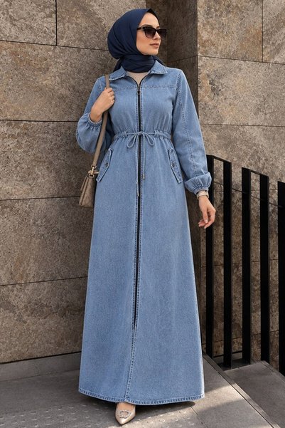 N.S NEVA STYLE Zippered Blue Hijab Denim Dress 19170m
