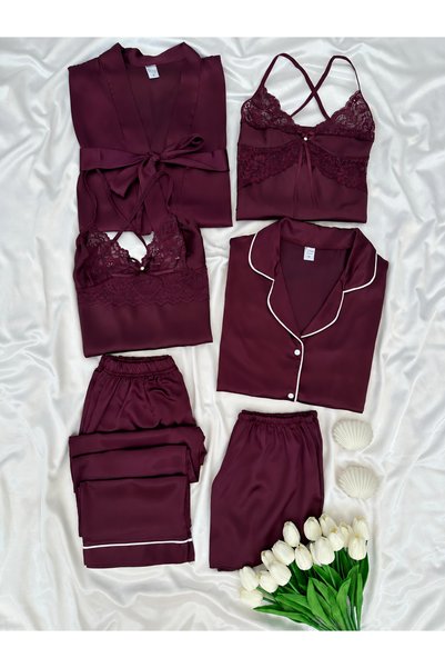 Lena Homewears Kadın Saten Pijama Gecelik Şortlu Sabahlık Lena Çeyiz Seti