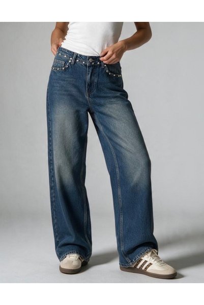 KAROL Lauren stud detaylı geniş paçalı denim pantalon