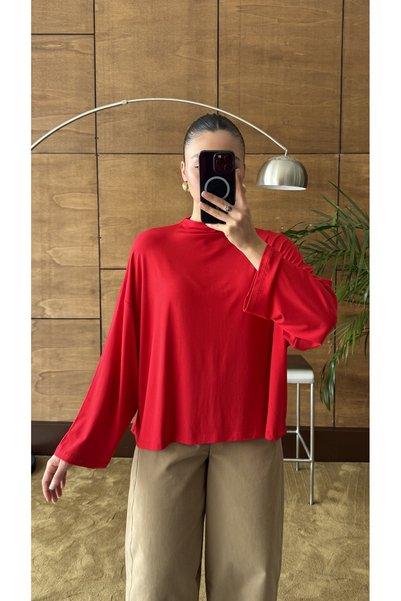 YOUR NAME Dik Yaka Oversize Dökümlü Uzun Kol Kırmızı Bluz