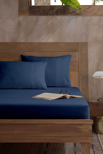 Elart Ranforce Fitted Double Bed Sheet Cotton (160X200Cm) Navy Blue