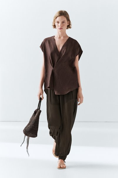 Massimo Dutti Keten karışımlı dökümlü kruvaze kimono