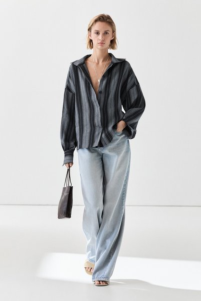 Massimo Dutti Pamuk ve keten karışımlı çizgili dökümlü gömlek