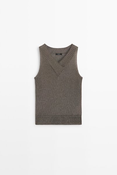 Massimo Dutti Metalik v yaka triko yelek