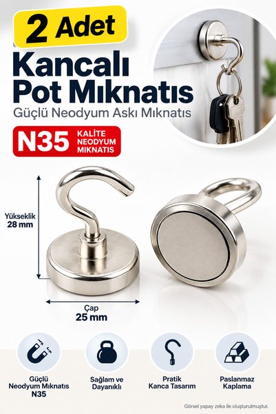 Dünya Magnet 2 Adet 25mm Kancalı Pot Mıknatıs - Güçlü Neodyum Askı Kanca Mıkn...