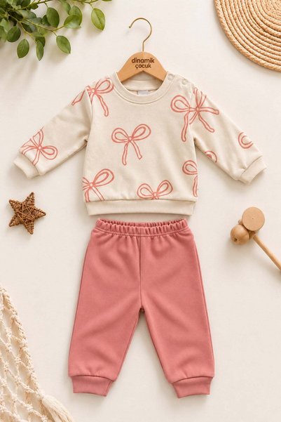 dinamik çocuk Baby Girl Bow Patterned Sweatshirt with Sleeve Detail + Sweatpa...