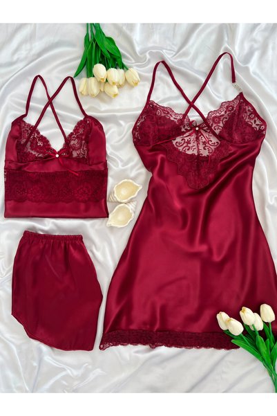 Lena Homewears Kadın 3'lü Saten Gecelik Şort Çeyiz Seti