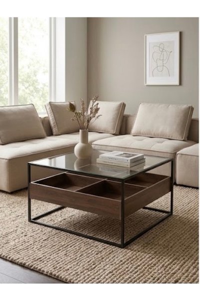 IN HOME STORE طاولة قهوة مربعة بتصميم عصري وسطح زجاجي وقاعدة خشبية