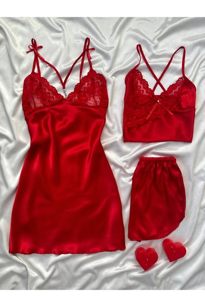Lena Homewears Kadın 3'lü Saten Gecelik Şort Çeyiz Seti