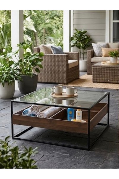 IN HOME STORE طاولة قهوة مربعة بتصميم عصري مع سطح زجاجي وقاعدة خشبية