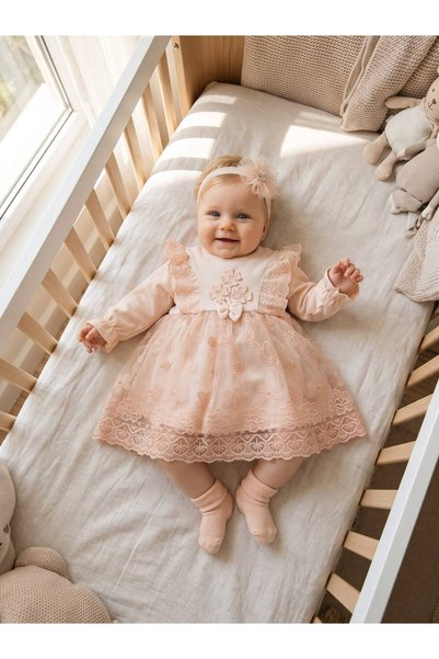 Miniday Baby Baby Girl Christening Dress with Bandana, Lace, Newborn Hospital...
