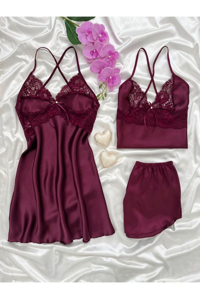 Lena Homewears Γυναικείο Σετ Νυχτικό Σατέν 3 τεμαχίων με Σορτς και Πακέτο Προ...