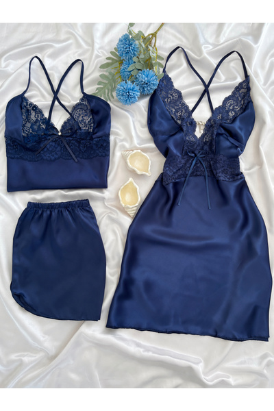 Lena Homewears طقم ملابس نوم نسائي من الساتان مكون من 3 قطع