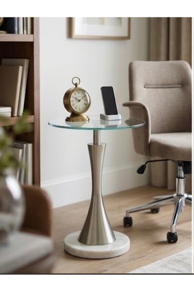 IN HOME STORE طاولة جانبية مودرن بسطح زجاجي وقاعدة رخامية أنيقة