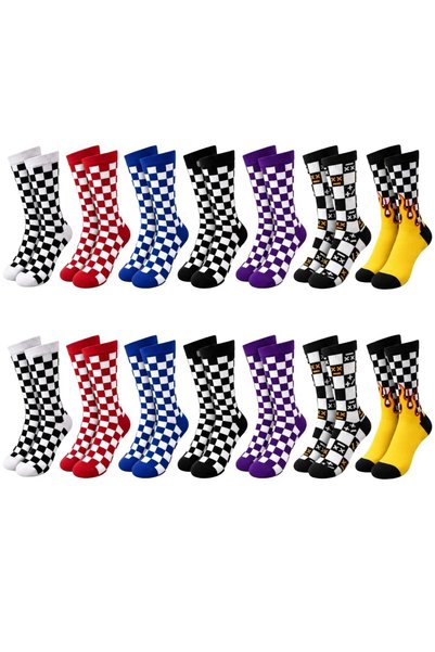 Generic Brand Unisex Socks Checkered Patterned Colorful Set of 14 Checkered F...