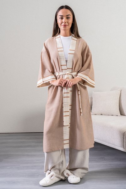 Country House Kadın %100 Pamuk Tarçın Uzun Kimono - Kuşaklı Yazlık Kimono Cek...