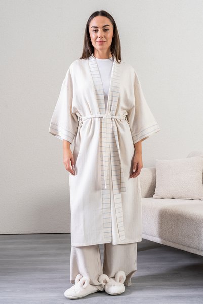 Country House Women's Linen Cotton Long Cream Kimono - Belted Below the Knee ...