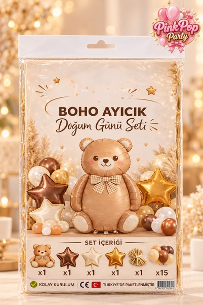 pink pop party Boho Ayıcık Parti Seti - Doğum Günü Set - 20 Parça Doğum Günü Set